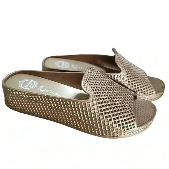 Jeffrey Campbell Havana Jelly Slides Gold Rubber Mule Wedge Sandals - Picture 2 of 4